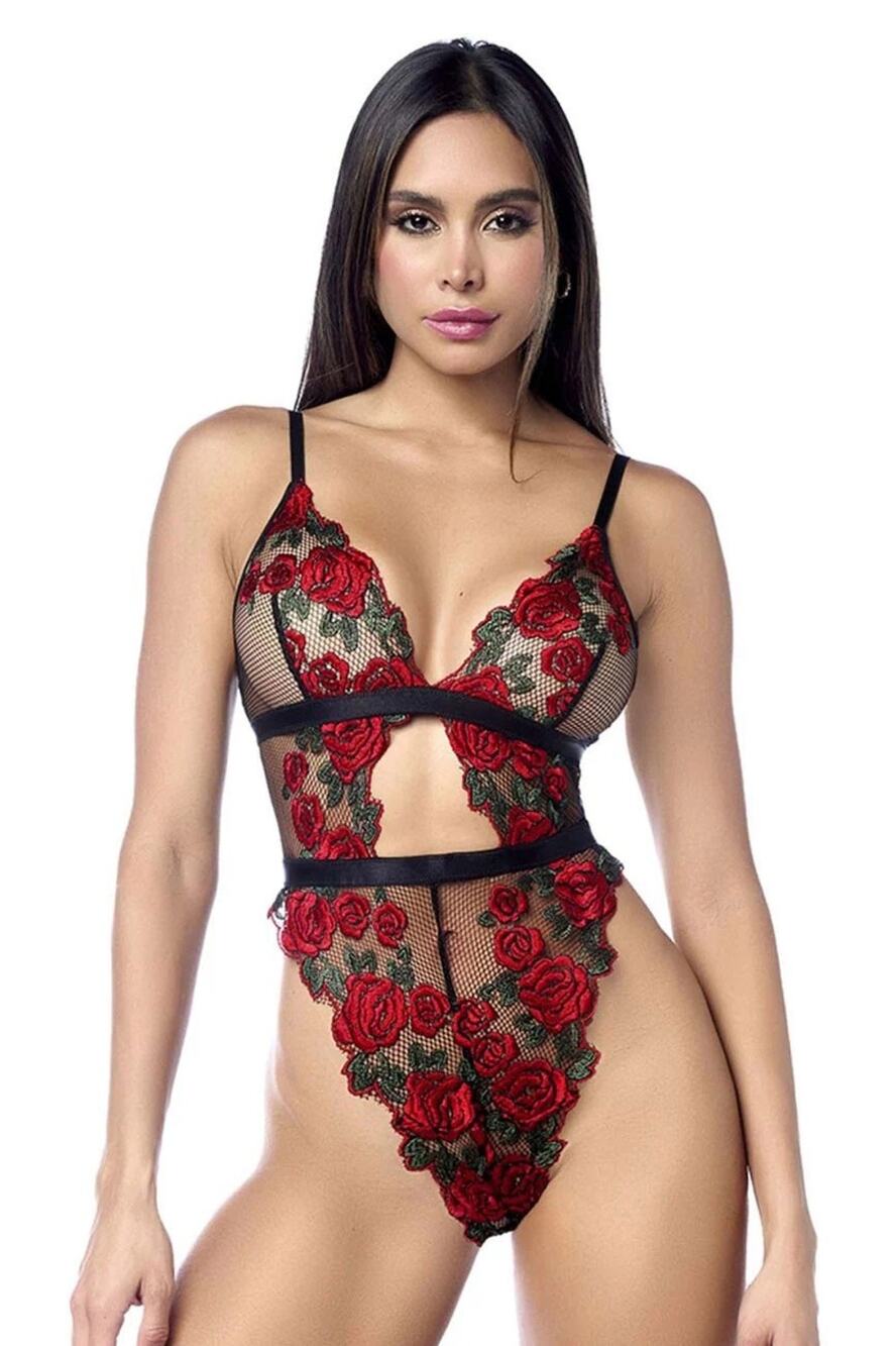 Mapale Black Red Rose Lace‎ Teddy Bodysuit Open Back S/M 8961